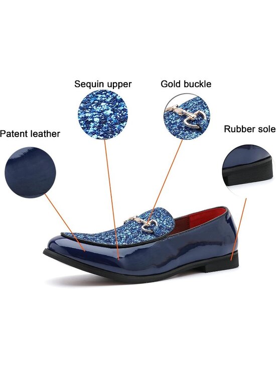 Men\'s Blue Rubber Sole Leather Sparkly Sequins Loafers Gold Buckle Party Shoes main image 4